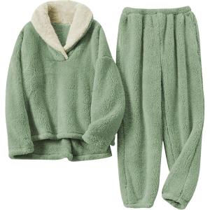 imageYeokou Womens Fleece Pajamas Sets Fluffy Sleepwear Warm Sherpa Pullover Pants with PocketsGreen