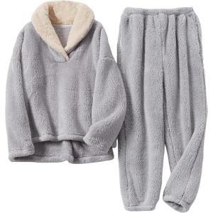 imageYeokou Womens Fleece Pajamas Sets Fluffy Sleepwear Warm Sherpa Pullover Pants with PocketsGrey