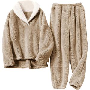 imageYeokou Womens Fleece Pajamas Sets Fluffy Sleepwear Warm Sherpa Pullover Pants with PocketsKhaki