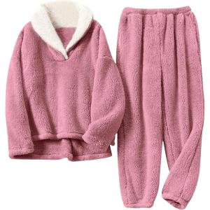 imageYeokou Womens Fleece Pajamas Sets Fluffy Sleepwear Warm Sherpa Pullover Pants with PocketsPink