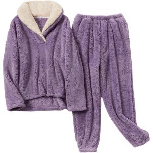 imageYeokou Womens Fleece Pajamas Sets Fluffy Sleepwear Warm Sherpa Pullover Pants with PocketsPurple