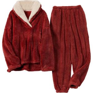 imageYeokou Womens Fleece Pajamas Sets Fluffy Sleepwear Warm Sherpa Pullover Pants with PocketsRed