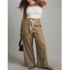 imageYeokou Womens Wide Leg Casual Pants Elastic Waist Drawstring Palazzo Pants Cotton Lounge Trousers with PocketsKhaki
