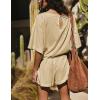 imageYeokou Cotton Rompers for Women Summer 2025 Casual Short Sleeve Waist Adjustable Belt Solid Color Stretchy Loose JumpsuitsApricot
