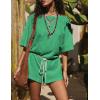 imageYeokou Cotton Rompers for Women Summer 2025 Casual Short Sleeve Waist Adjustable Belt Solid Color Stretchy Loose JumpsuitsGreen