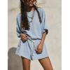 imageYeokou Cotton Rompers for Women Summer 2025 Casual Short Sleeve Waist Adjustable Belt Solid Color Stretchy Loose JumpsuitsOxygenblue