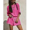 imageYeokou Cotton Rompers for Women Summer 2025 Casual Short Sleeve Waist Adjustable Belt Solid Color Stretchy Loose JumpsuitsRosered