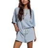 imageYeokou Cotton Rompers for Women Summer 2025 Casual Short Sleeve Waist Adjustable Belt Solid Color Stretchy Loose JumpsuitsOxygenblue