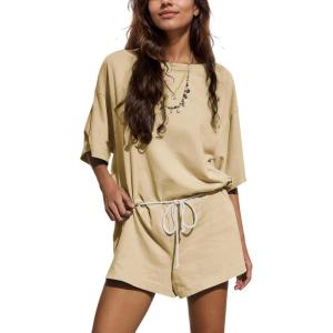 imageYeokou Cotton Rompers for Women Summer 2025 Casual Short Sleeve Waist Adjustable Belt Solid Color Stretchy Loose JumpsuitsApricot