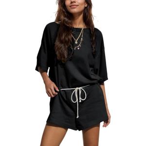 imageYeokou Cotton Rompers for Women Summer 2025 Casual Short Sleeve Waist Adjustable Belt Solid Color Stretchy Loose JumpsuitsBlack