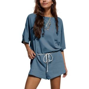 imageYeokou Cotton Rompers for Women Summer 2025 Casual Short Sleeve Waist Adjustable Belt Solid Color Stretchy Loose JumpsuitsBluegrey