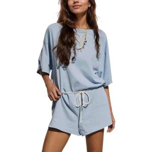 imageYeokou Cotton Rompers for Women Summer 2025 Casual Short Sleeve Waist Adjustable Belt Solid Color Stretchy Loose JumpsuitsOxygenblue