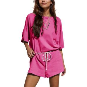 imageYeokou Cotton Rompers for Women Summer 2025 Casual Short Sleeve Waist Adjustable Belt Solid Color Stretchy Loose JumpsuitsRosered