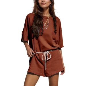 imageYeokou Cotton Rompers for Women Summer 2025 Casual Short Sleeve Waist Adjustable Belt Solid Color Stretchy Loose JumpsuitsRust