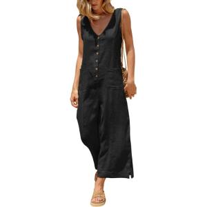 imageYeokou Women Button Down Jumpsuits Cotton Linen Sleeveless Casual Wide Legs Rompers Loose Overall With PocketsBlack