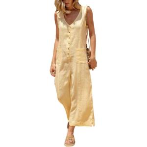 imageYeokou Women Button Down Jumpsuits Cotton Linen Sleeveless Casual Wide Legs Rompers Loose Overall With PocketsLemonyellow