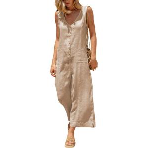 imageYeokou Women Button Down Jumpsuits Cotton Linen Sleeveless Casual Wide Legs Rompers Loose Overall With PocketsLightkhaki