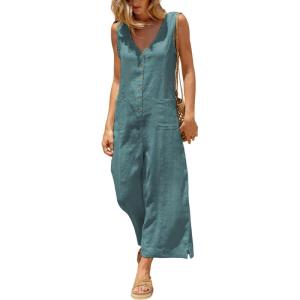 imageYeokou Women Button Down Jumpsuits Cotton Linen Sleeveless Casual Wide Legs Rompers Loose Overall With PocketsTeal