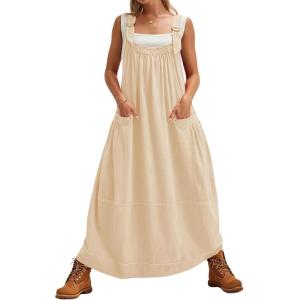 imageYeokou Womens Overall Dress Cotton Barrel Midi Travel Dress Loose Fit Adjustable Straps Big Pockets JumpsuitsApricot