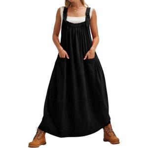 imageYeokou Womens Overall Dress Cotton Barrel Midi Travel Dress Loose Fit Adjustable Straps Big Pockets JumpsuitsBlack