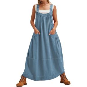 imageYeokou Womens Overall Dress Cotton Barrel Midi Travel Dress Loose Fit Adjustable Straps Big Pockets JumpsuitsBlue