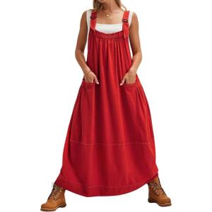 imageYeokou Womens Overall Dress Cotton Barrel Midi Travel Dress Loose Fit Adjustable Straps Big Pockets JumpsuitsRed