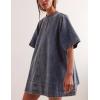 imageYeokou Women Denim Mini Dress Short Sleeves Ribbed Crewneck Back Zipper Casual ALine Jean Dress with PocketsBlue