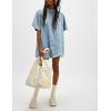 imageYeokou Women Denim Mini Dress Short Sleeves Ribbed Crewneck Back Zipper Casual ALine Jean Dress with PocketsLightblue