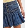 imageYeokou Women Denim Mini Skirt Elastic High Waist ALine Pleated Tiered Ruffle Hem Jean Skirt Casual ShortBlue