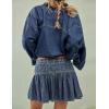 imageYeokou Women Denim Mini Skirt Elastic High Waist ALine Pleated Tiered Ruffle Hem Jean Skirt Casual ShortBlue