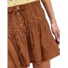 imageYeokou Women Denim Mini Skirt Elastic High Waist ALine Pleated Tiered Ruffle Hem Jean Skirt Casual ShortBrown
