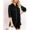 imageYeokou Women Eyelet Lined Summer Mini Dress Button Down 34 Sleeve Lapel Casual Hollow Straight Shirt DressBlack