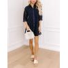 imageYeokou Women Eyelet Lined Summer Mini Dress Button Down 34 Sleeve Lapel Casual Hollow Straight Shirt DressDarkblue