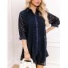 imageYeokou Women Eyelet Lined Summer Mini Dress Button Down 34 Sleeve Lapel Casual Hollow Straight Shirt DressDarkblue