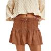 imageYeokou Women Denim Mini Skirt Elastic High Waist ALine Pleated Tiered Ruffle Hem Jean Skirt Casual ShortBrown