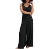 imageYeokou Women Drawstring Waist Elastic Jumpsuits Sleeveless Racerback Top Seam Wide Legs Casual Overalls with PocketsBlack