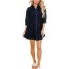 imageYeokou Women Eyelet Lined Summer Mini Dress Button Down 34 Sleeve Lapel Casual Hollow Straight Shirt DressDarkblue