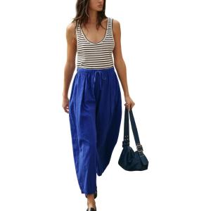 imageYeokou Jumpsuits for Women Casual Summer Sleeveless Romper Cotton Drawstring Elastic Waist Tapered Leg OverallsBlue