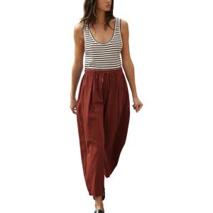 imageYeokou Jumpsuits for Women Casual Summer Sleeveless Romper Cotton Drawstring Elastic Waist Tapered Leg OverallsRust