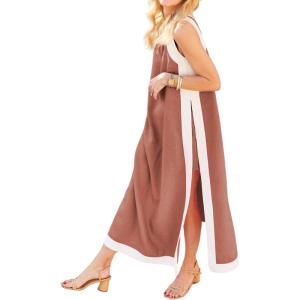 imageYeokou Sleeveless Boho Dress for Women 2025 Matching Shorts Summer Color Block Maxi Beach Dress Sets High Side SlitBrown