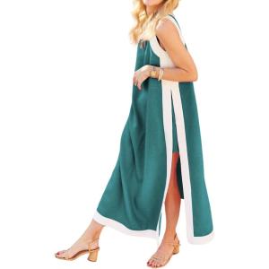 imageYeokou Sleeveless Boho Dress for Women 2025 Matching Shorts Summer Color Block Maxi Beach Dress Sets High Side SlitTeal