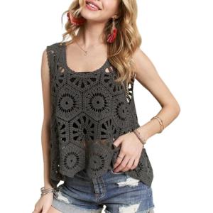 imageYeokou Women Boho Cotton Crochet Sleeveless Vest Floral Pattern Loose Fit Knit Tank Summer Cover Up TopGrey