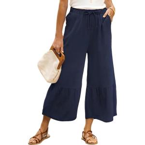 imageYeokou Women Casual Wide Leg Cropped Pants Tiered Ruffle Hem High Waist Vacation Capri Pants with PocketsNavy