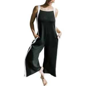 imageYeokou Women Casual Wide Leg Jumpsuit Contrast Side Straps Long Bib Pants Sleeveless Loose Overall with PocketsBlack