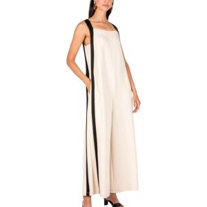 imageYeokou Women Casual Wide Leg Jumpsuit Contrast Side Straps Long Bib Pants Sleeveless Loose Overall with PocketsWhite