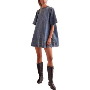 imageYeokou Women Denim Mini Dress Short Sleeves Ribbed Crewneck Back Zipper Casual ALine Jean Dress with PocketsBlue