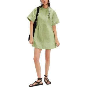 imageYeokou Women Denim Mini Dress Short Sleeves Ribbed Crewneck Back Zipper Casual ALine Jean Dress with PocketsGreen
