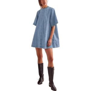 imageYeokou Women Denim Mini Dress Short Sleeves Ribbed Crewneck Back Zipper Casual ALine Jean Dress with PocketsLightblue