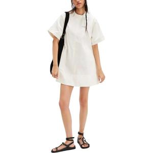 imageYeokou Women Denim Mini Dress Short Sleeves Ribbed Crewneck Back Zipper Casual ALine Jean Dress with PocketsWhite