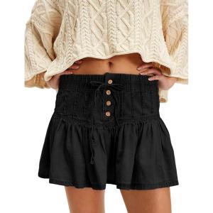 imageYeokou Women Denim Mini Skirt Elastic High Waist ALine Pleated Tiered Ruffle Hem Jean Skirt Casual ShortBlack